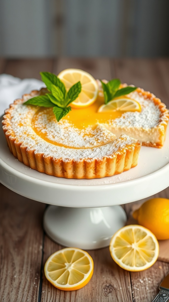 Classic lemon tart with flaky crust, lemon filling, and powdered sugar on a rustic wooden table.